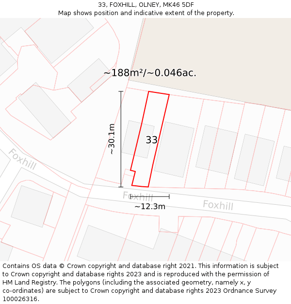 33, FOXHILL, OLNEY, MK46 5DF: Plot and title map