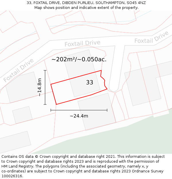 33, FOXTAIL DRIVE, DIBDEN PURLIEU, SOUTHAMPTON, SO45 4NZ: Plot and title map