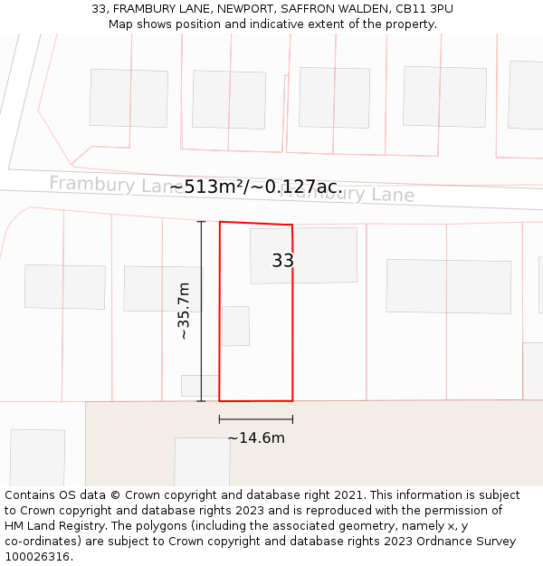 33, FRAMBURY LANE, NEWPORT, SAFFRON WALDEN, CB11 3PU: Plot and title map