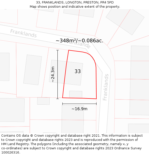 33, FRANKLANDS, LONGTON, PRESTON, PR4 5PD: Plot and title map