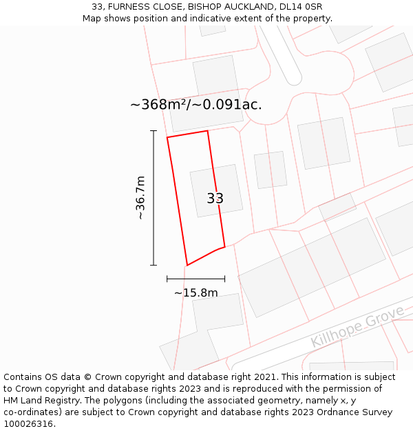 33, FURNESS CLOSE, BISHOP AUCKLAND, DL14 0SR: Plot and title map