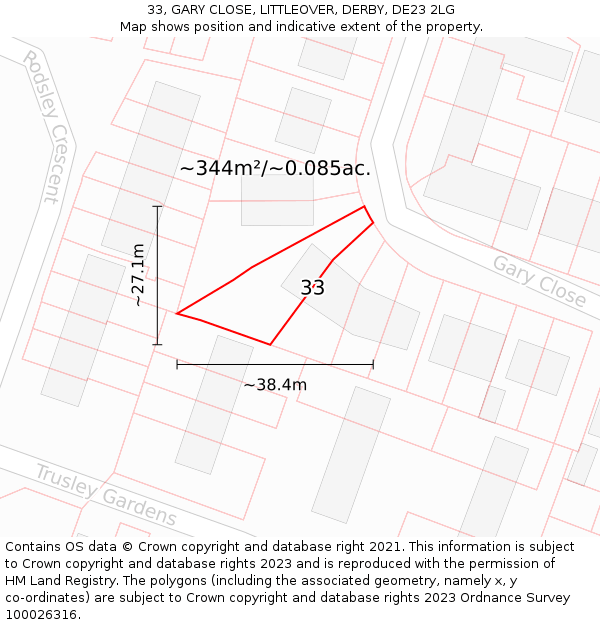 33, GARY CLOSE, LITTLEOVER, DERBY, DE23 2LG: Plot and title map