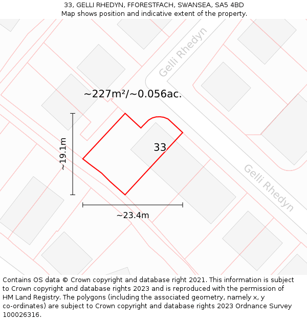 33, GELLI RHEDYN, FFORESTFACH, SWANSEA, SA5 4BD: Plot and title map