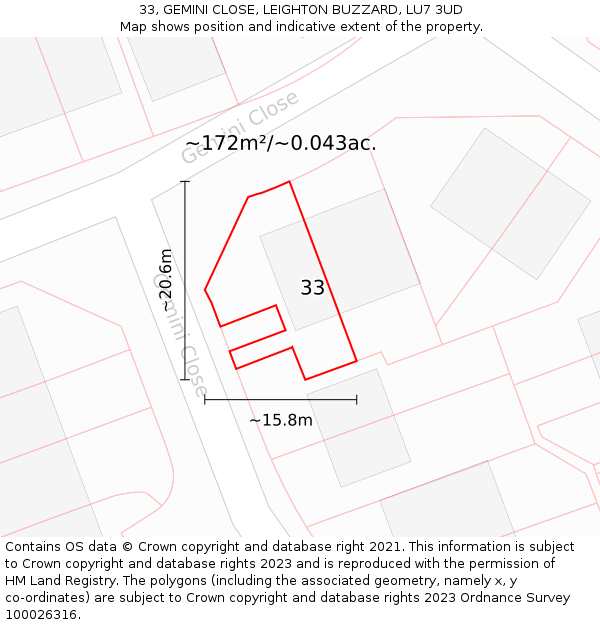 33, GEMINI CLOSE, LEIGHTON BUZZARD, LU7 3UD: Plot and title map