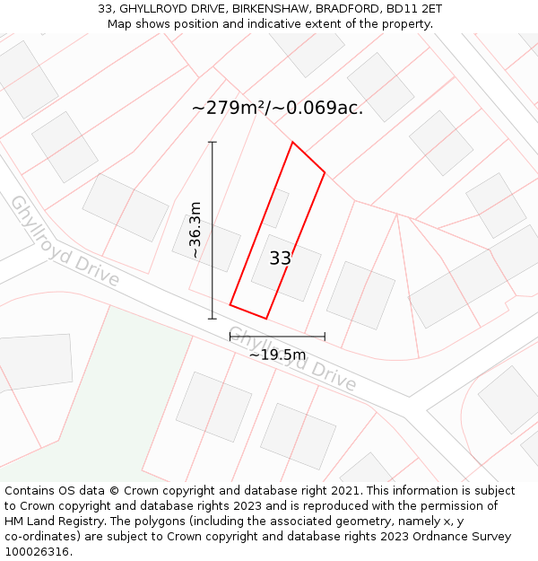 33, GHYLLROYD DRIVE, BIRKENSHAW, BRADFORD, BD11 2ET: Plot and title map