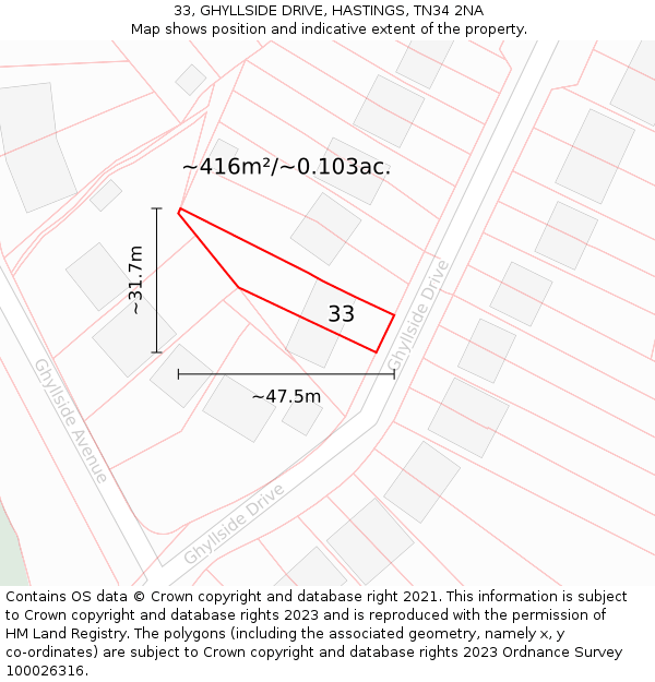 33, GHYLLSIDE DRIVE, HASTINGS, TN34 2NA: Plot and title map