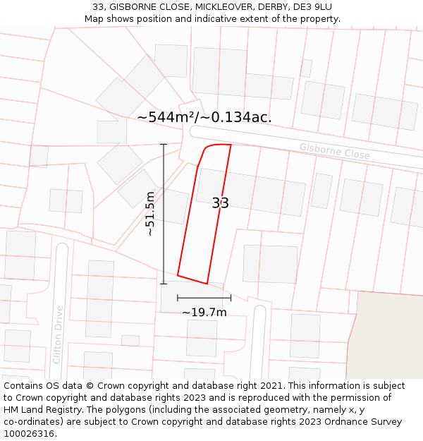 33, GISBORNE CLOSE, MICKLEOVER, DERBY, DE3 9LU: Plot and title map