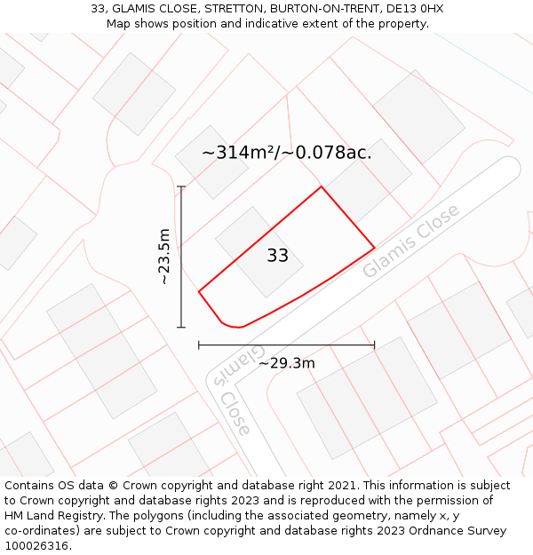33, GLAMIS CLOSE, STRETTON, BURTON-ON-TRENT, DE13 0HX: Plot and title map
