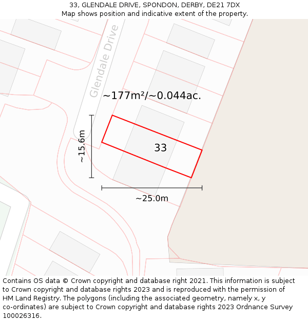 33, GLENDALE DRIVE, SPONDON, DERBY, DE21 7DX: Plot and title map