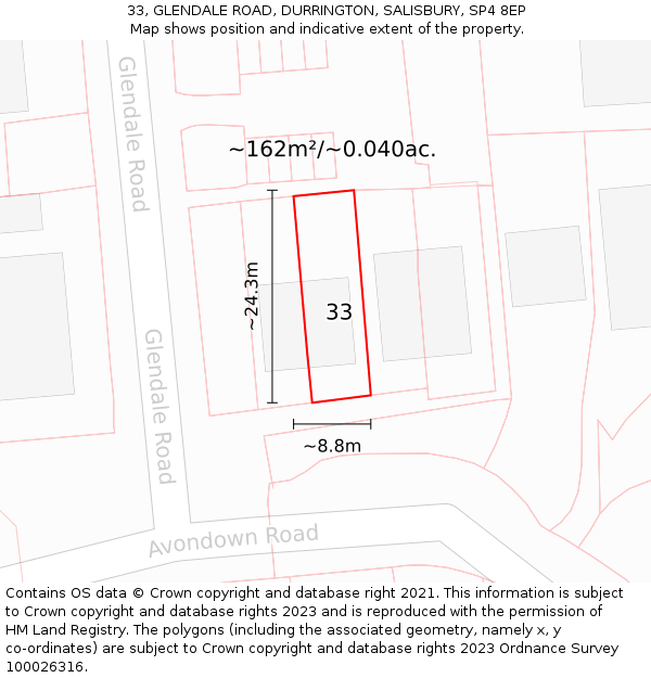 33, GLENDALE ROAD, DURRINGTON, SALISBURY, SP4 8EP: Plot and title map