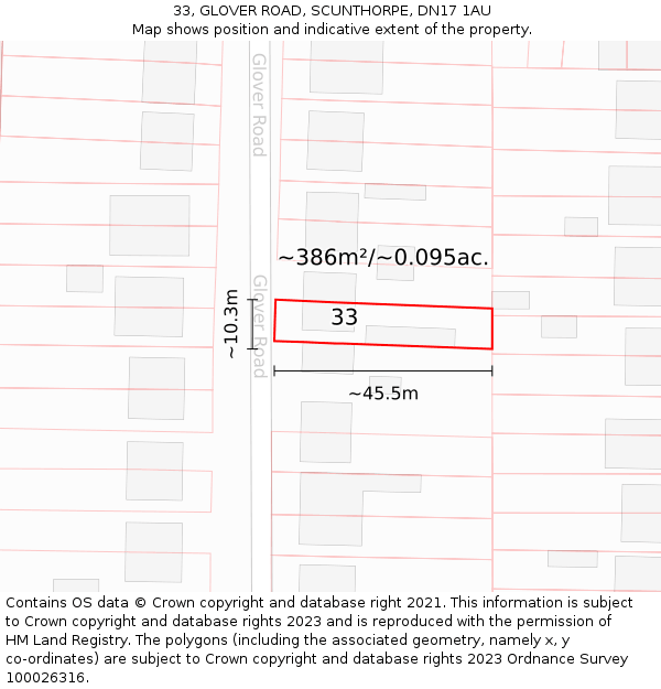 33, GLOVER ROAD, SCUNTHORPE, DN17 1AU: Plot and title map