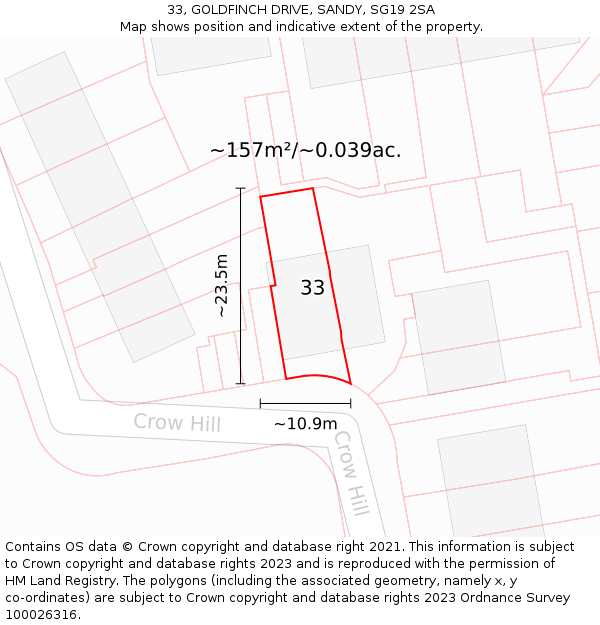 33, GOLDFINCH DRIVE, SANDY, SG19 2SA: Plot and title map
