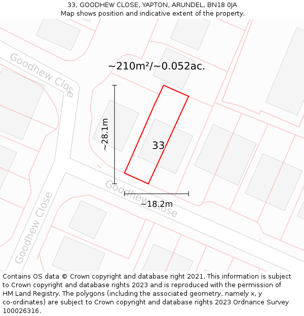 33, GOODHEW CLOSE, YAPTON, ARUNDEL, BN18 0JA: Plot and title map