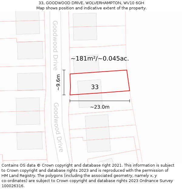 33, GOODWOOD DRIVE, WOLVERHAMPTON, WV10 6GH: Plot and title map