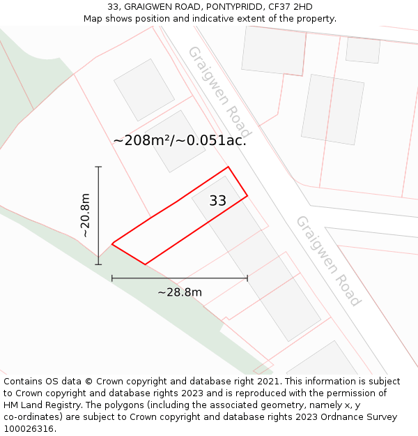 33, GRAIGWEN ROAD, PONTYPRIDD, CF37 2HD: Plot and title map