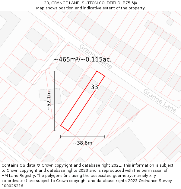 33, GRANGE LANE, SUTTON COLDFIELD, B75 5JX: Plot and title map