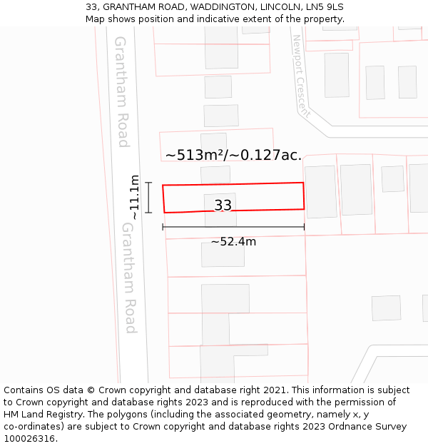 33, GRANTHAM ROAD, WADDINGTON, LINCOLN, LN5 9LS: Plot and title map