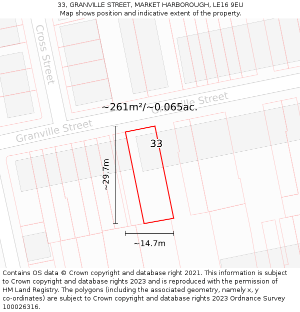 33, GRANVILLE STREET, MARKET HARBOROUGH, LE16 9EU: Plot and title map