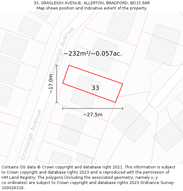 33, GRASLEIGH AVENUE, ALLERTON, BRADFORD, BD15 9AR: Plot and title map