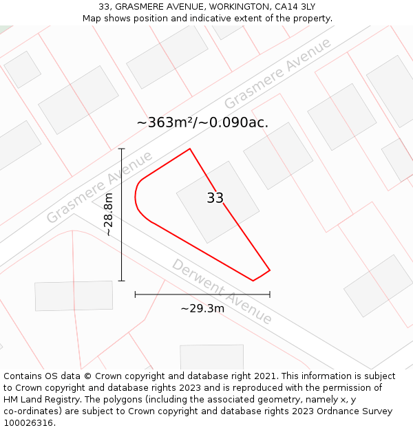 33, GRASMERE AVENUE, WORKINGTON, CA14 3LY: Plot and title map