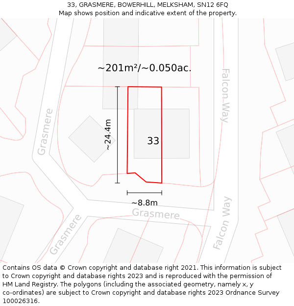 33, GRASMERE, BOWERHILL, MELKSHAM, SN12 6FQ: Plot and title map