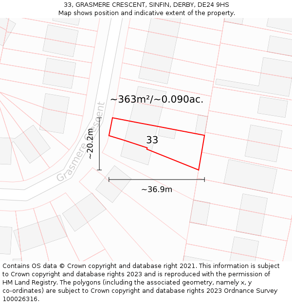 33, GRASMERE CRESCENT, SINFIN, DERBY, DE24 9HS: Plot and title map