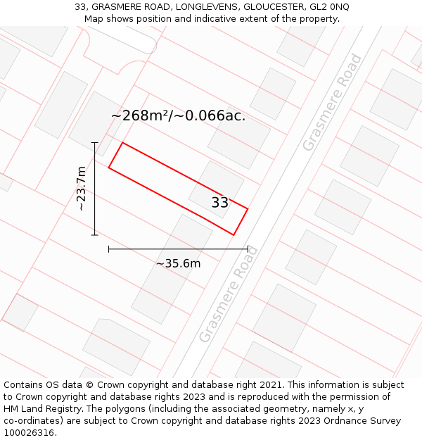33, GRASMERE ROAD, LONGLEVENS, GLOUCESTER, GL2 0NQ: Plot and title map
