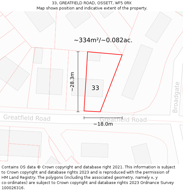 33, GREATFIELD ROAD, OSSETT, WF5 0RX: Plot and title map