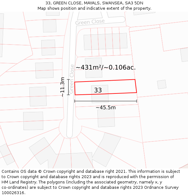 33, GREEN CLOSE, MAYALS, SWANSEA, SA3 5DN: Plot and title map