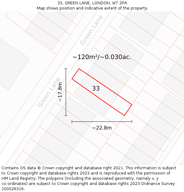 33, GREEN LANE, LONDON, W7 2PA: Plot and title map