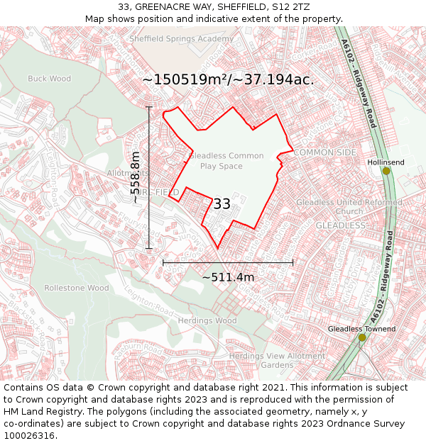 33, GREENACRE WAY, SHEFFIELD, S12 2TZ: Plot and title map