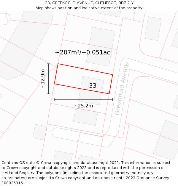 33, GREENFIELD AVENUE, CLITHEROE, BB7 2LY: Plot and title map