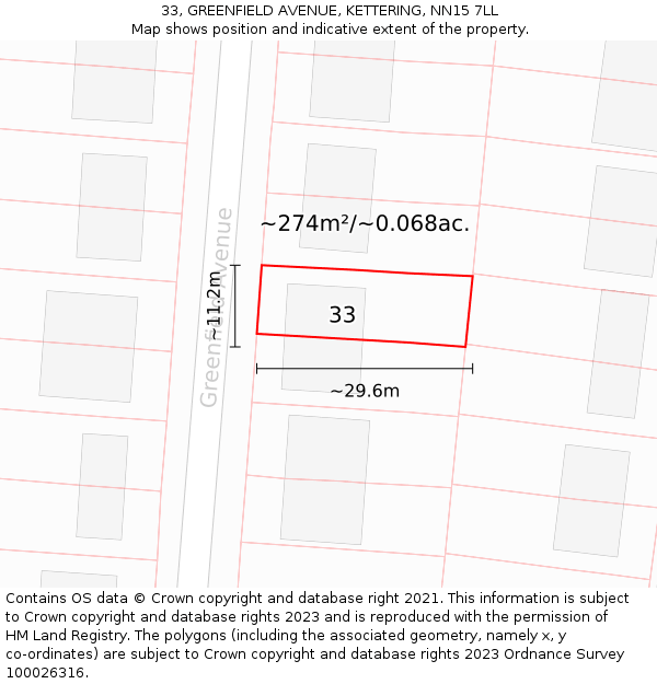33, GREENFIELD AVENUE, KETTERING, NN15 7LL: Plot and title map
