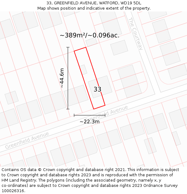 33, GREENFIELD AVENUE, WATFORD, WD19 5DL: Plot and title map