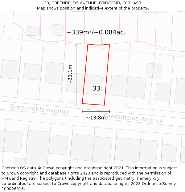 33, GREENFIELDS AVENUE, BRIDGEND, CF31 4SR: Plot and title map