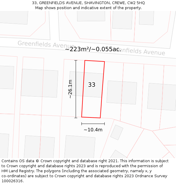33, GREENFIELDS AVENUE, SHAVINGTON, CREWE, CW2 5HQ: Plot and title map