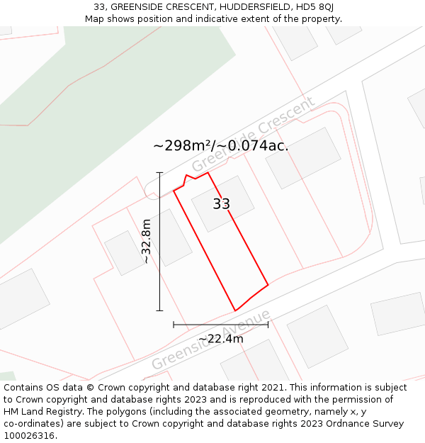 33, GREENSIDE CRESCENT, HUDDERSFIELD, HD5 8QJ: Plot and title map