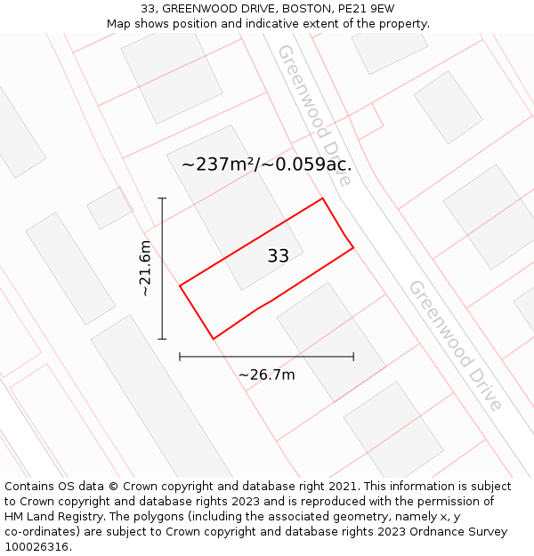 33, GREENWOOD DRIVE, BOSTON, PE21 9EW: Plot and title map