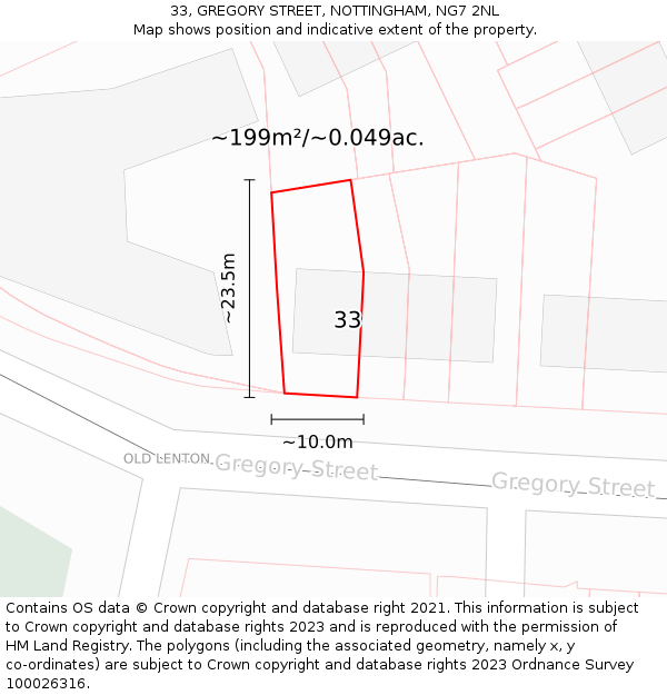 33, GREGORY STREET, NOTTINGHAM, NG7 2NL: Plot and title map