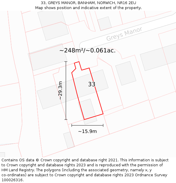 33, GREYS MANOR, BANHAM, NORWICH, NR16 2EU: Plot and title map