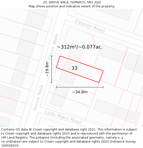 33, GROVE WALK, NORWICH, NR1 2QG: Plot and title map