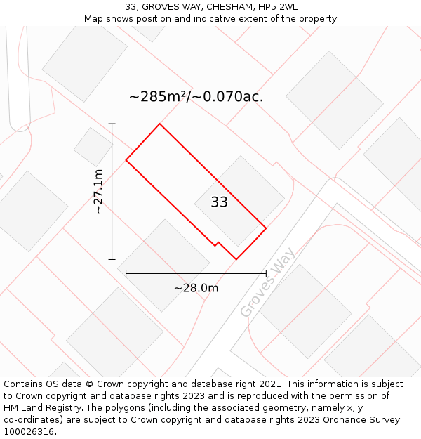 33, GROVES WAY, CHESHAM, HP5 2WL: Plot and title map