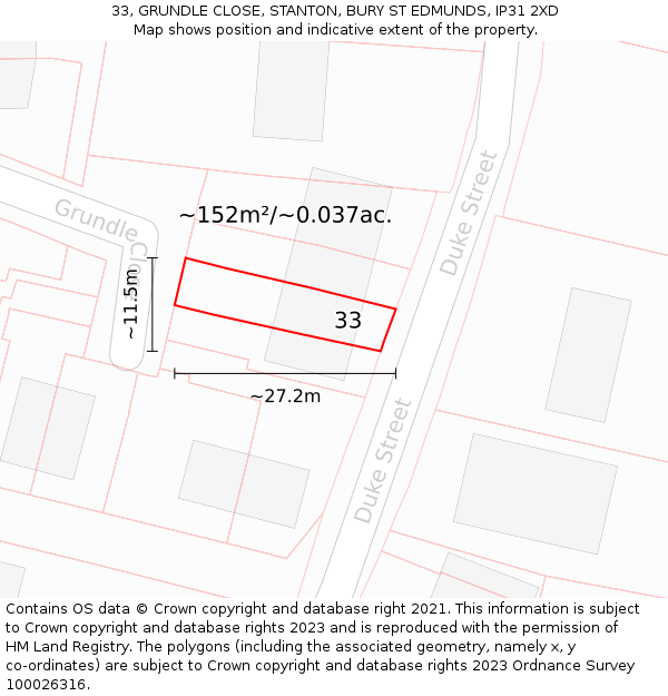 33, GRUNDLE CLOSE, STANTON, BURY ST EDMUNDS, IP31 2XD: Plot and title map