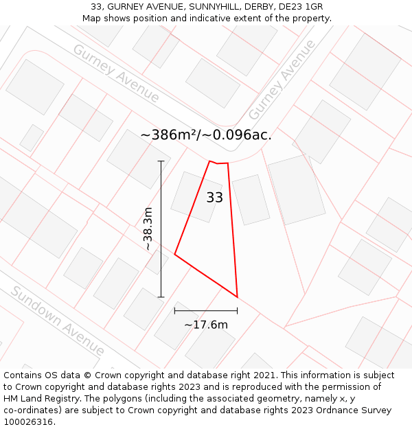 33, GURNEY AVENUE, SUNNYHILL, DERBY, DE23 1GR: Plot and title map
