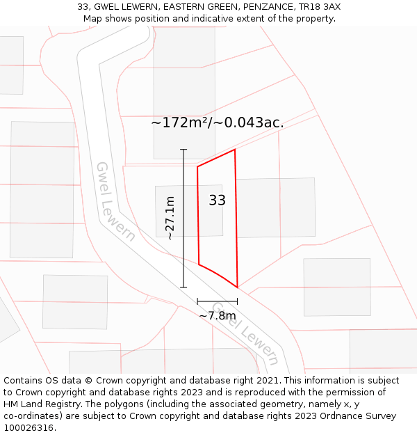 33, GWEL LEWERN, EASTERN GREEN, PENZANCE, TR18 3AX: Plot and title map