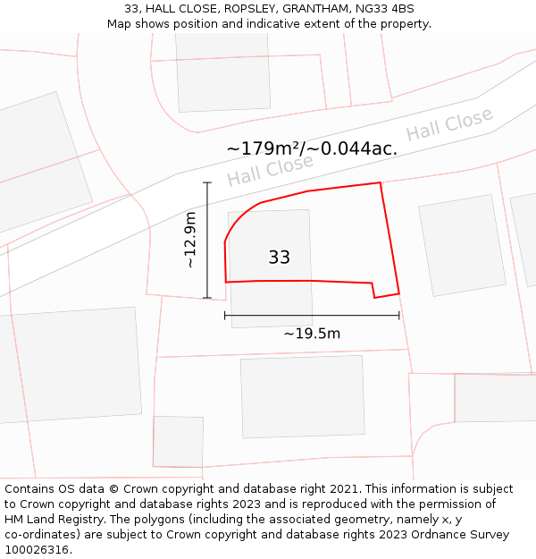 33, HALL CLOSE, ROPSLEY, GRANTHAM, NG33 4BS: Plot and title map