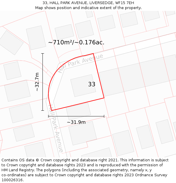 33, HALL PARK AVENUE, LIVERSEDGE, WF15 7EH: Plot and title map