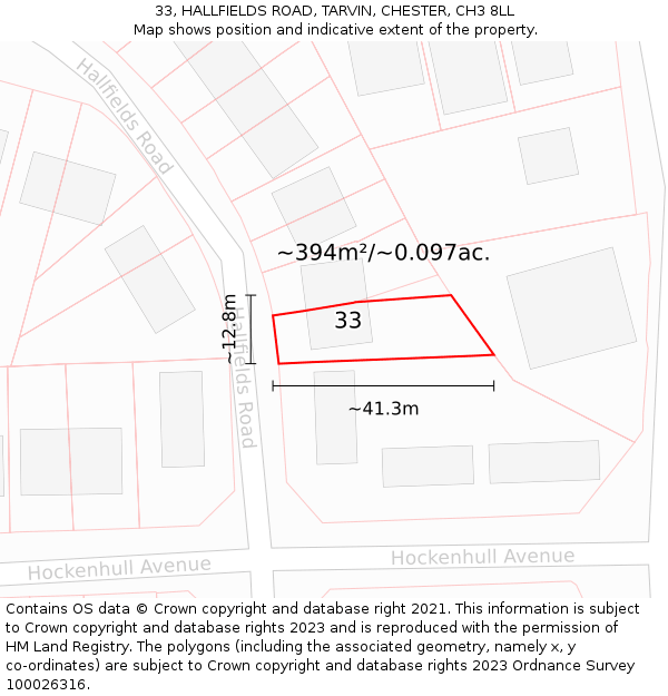 33, HALLFIELDS ROAD, TARVIN, CHESTER, CH3 8LL: Plot and title map
