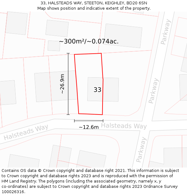 33, HALSTEADS WAY, STEETON, KEIGHLEY, BD20 6SN: Plot and title map