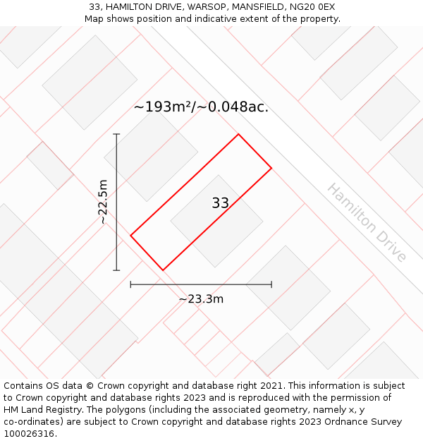 33, HAMILTON DRIVE, WARSOP, MANSFIELD, NG20 0EX: Plot and title map